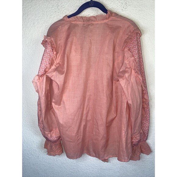 NEW western fairy blouse Boho Balloon Sleeve Lace M Coral Ruffle vneck tassel - Picture 8 of 9